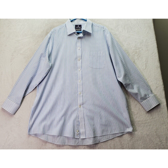 Stafford Dress Shirt Mens Size 18 White Blue Striped Cotton Collared Button Down - Picture 1 of 9